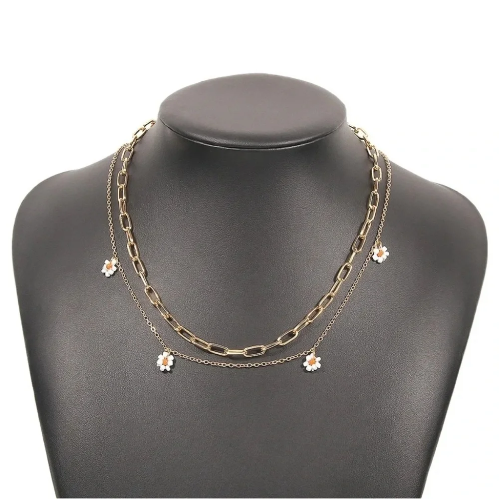 Beautiful Gold Color Chain Necklace with Orange & White Flower - NWOT
